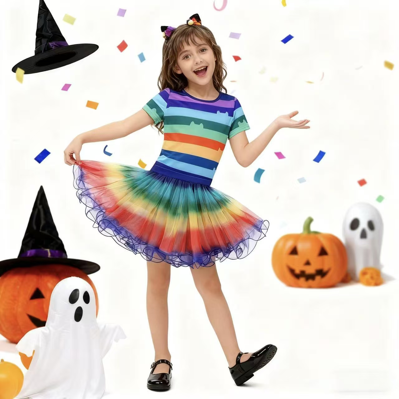 Summer Clothing For Kids Girls - Kaus Bergaris Pelangi Anak Perempuan Rok