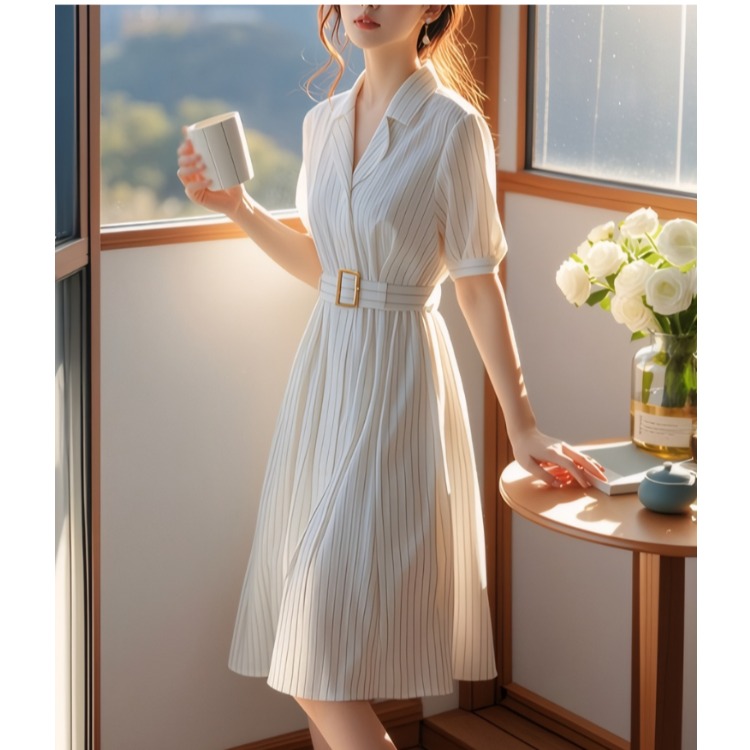 Summer Line Clothing Brand - Gaun Bergaris Pinggang Tinggi Pelangsing Musim