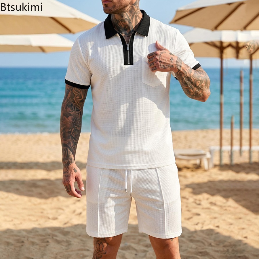 Summer Vacation Clothing Men - Set Celana Pendek Polo Kerah Waffle