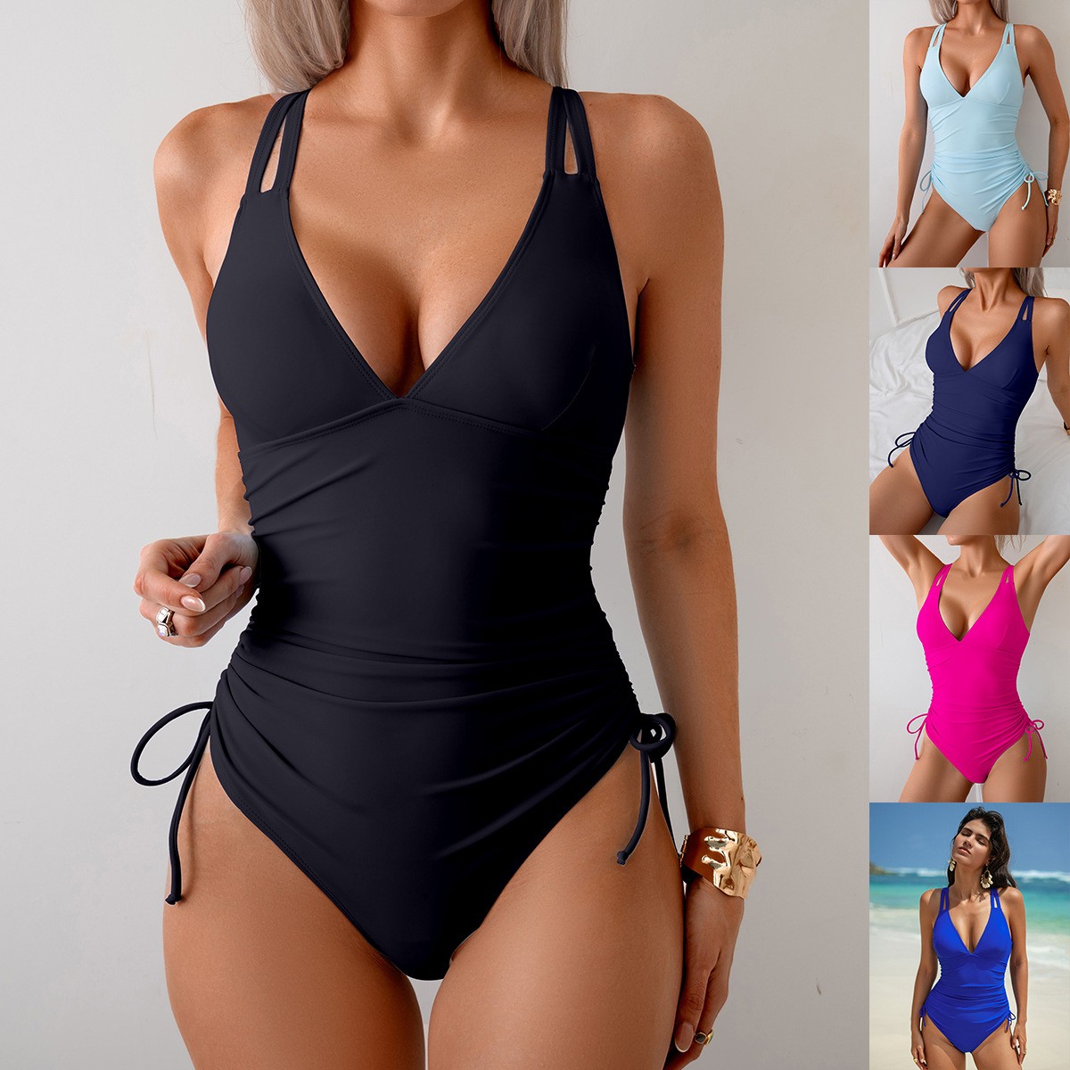 Swimsuit One Piece - Baju Renang Hitam Polos V-Neck Berkerut